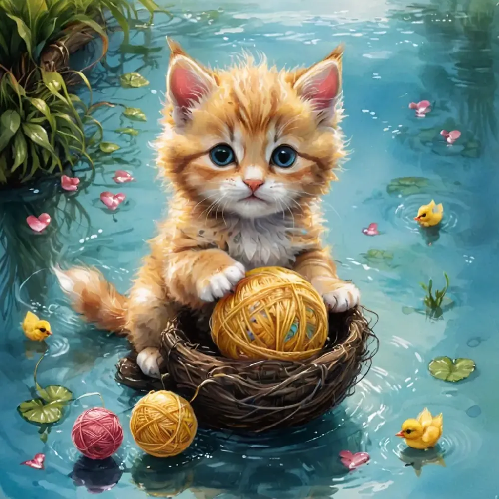 Kitten with a ball in the water